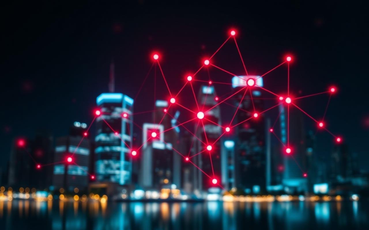 Abstract network of connections over a night skyline