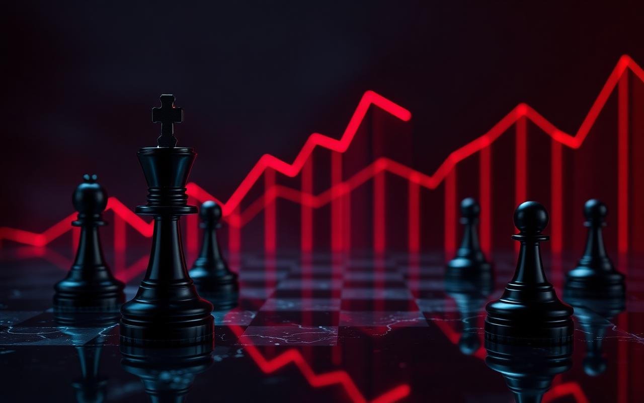Black chess pieces beside a rising red growth chart