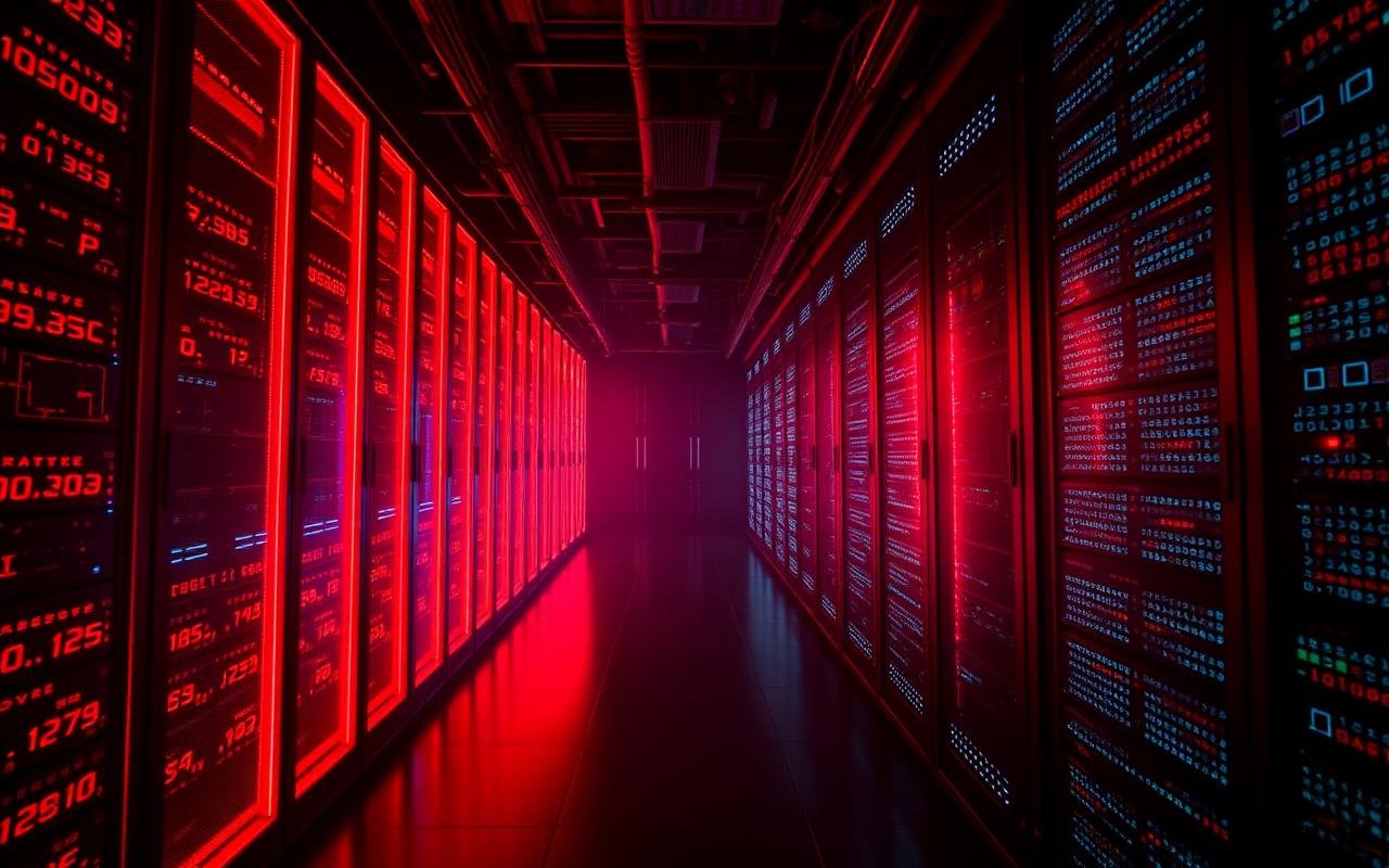 Modern server infrastructure inside a dark data centre